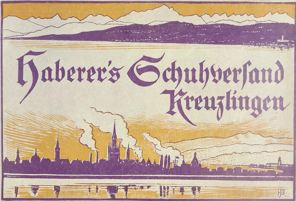 Titelblatt eines Katalogs mit der Silhouette der Stadt Kreuzlingen und der Aufschrift «Haberer's Schuhversand Kreuzlingen» aus dem Jahr 1919/1920, als Siegfried Haberer den Schuhverkauf über Postversand beginnt